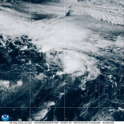 In this satellite image released by NOAA, Tropical Storm Hanna gathers in the Atlantic Ocean, Monday, September 28, 2026.