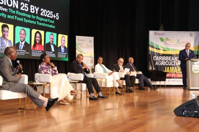 Panelists at the September 28 plenary session, ‘Achieving the Region’s Vision 25 by 2025+5: The Roadmap for Regional Food Security and Food Systems Transformation’, held during Caribbean Week of Agriculture at the Ocean Coral Spring Resort in Trelawn