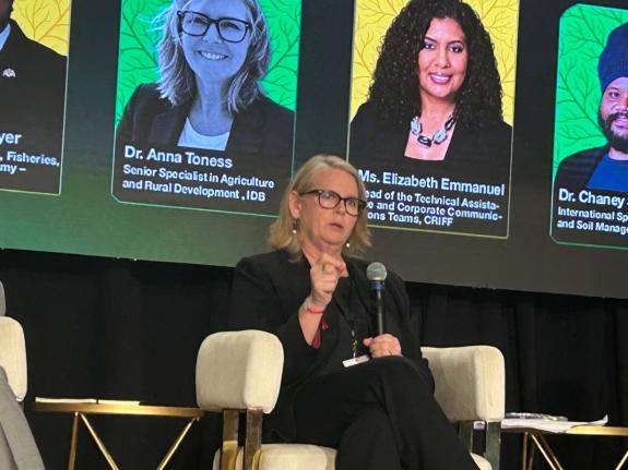 Senior Specialist in Agriculture and Rural Development at the Inter-American Development Bank (IDB), Anna Toness, speaking at a plenary session on Building our Resilience: Climate Smart Agriculture and Fisheries at the 20th Caribbean Week Agriculture in Tr