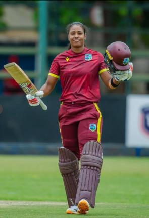 West Indies captain, Hayley Matthews, celebrates scoring a century against Zimbabwe at the Harare Sports Club in Zimbabwe yesterday.